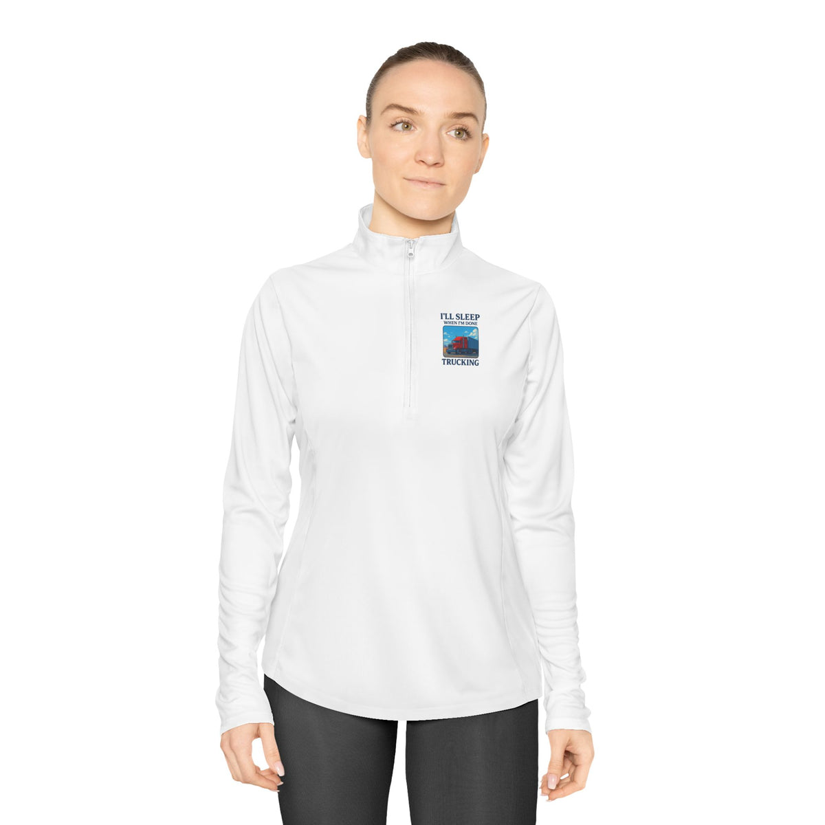 Ladies quarter-zip pullover by Printify featuring long sleeves in grey concrete with "I'll Sleep When I'm Done" trucking graphic.