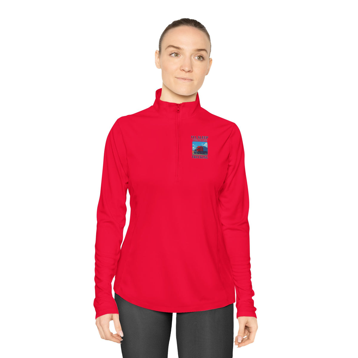 Ladies grey quarter-zip pullover with "I'll Sleep When I'm Done" trucking slogan, long-sleeve printify apparel.