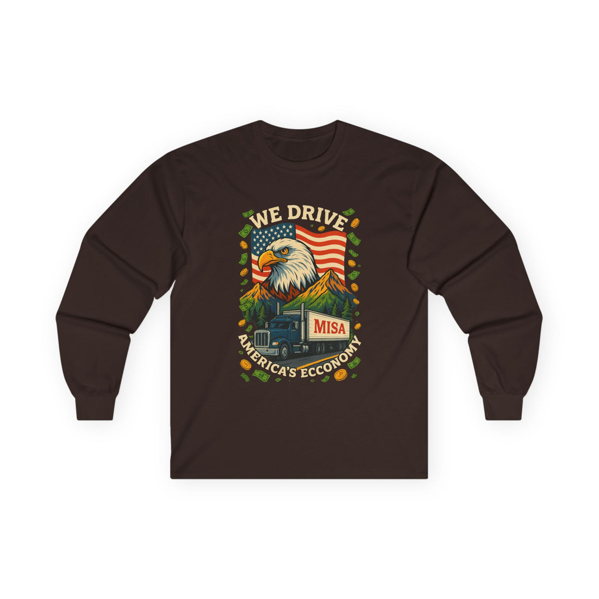Red unisex long sleeve tee by Printify featuring "We Drive America's Economy" trucking slogan, casual and comfortable fit.