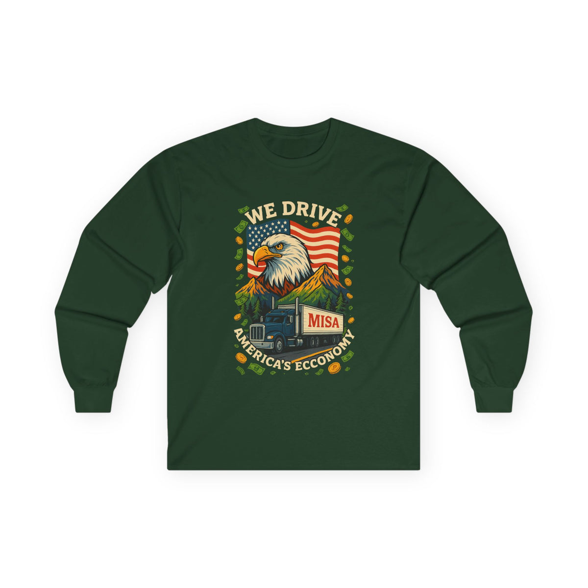 Red unisex long sleeve tee with "We Drive America's Economy" trucking slogan, from Printify, shown flat on a white background.