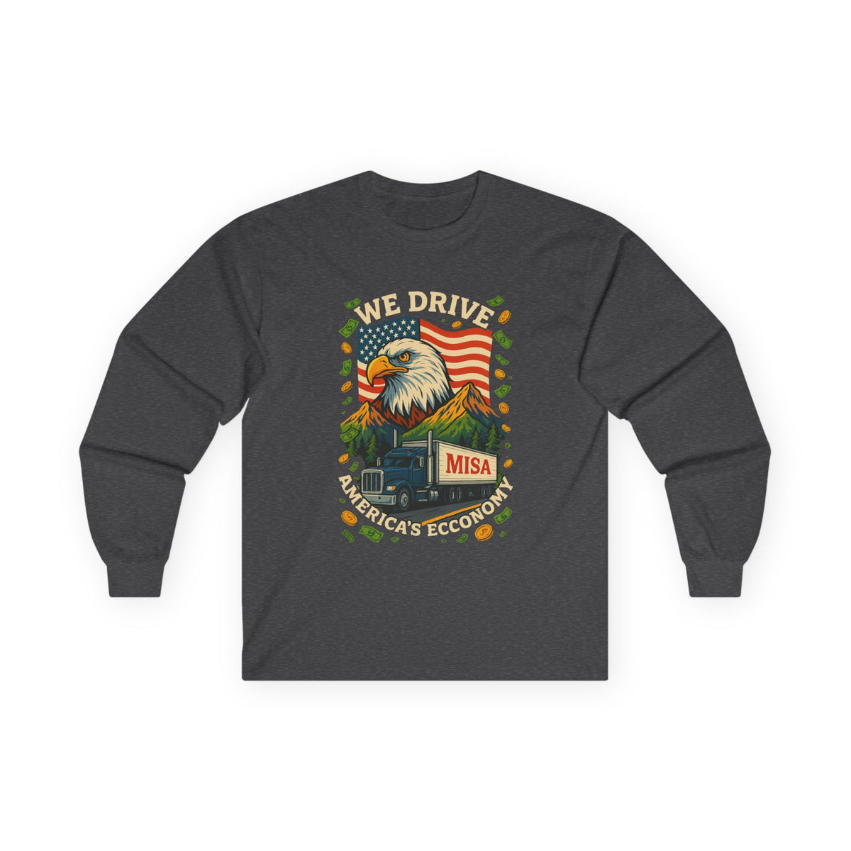 Red unisex long sleeve tee with "We Drive America's Economy" slogan, featuring trucking-themed design by Printify.