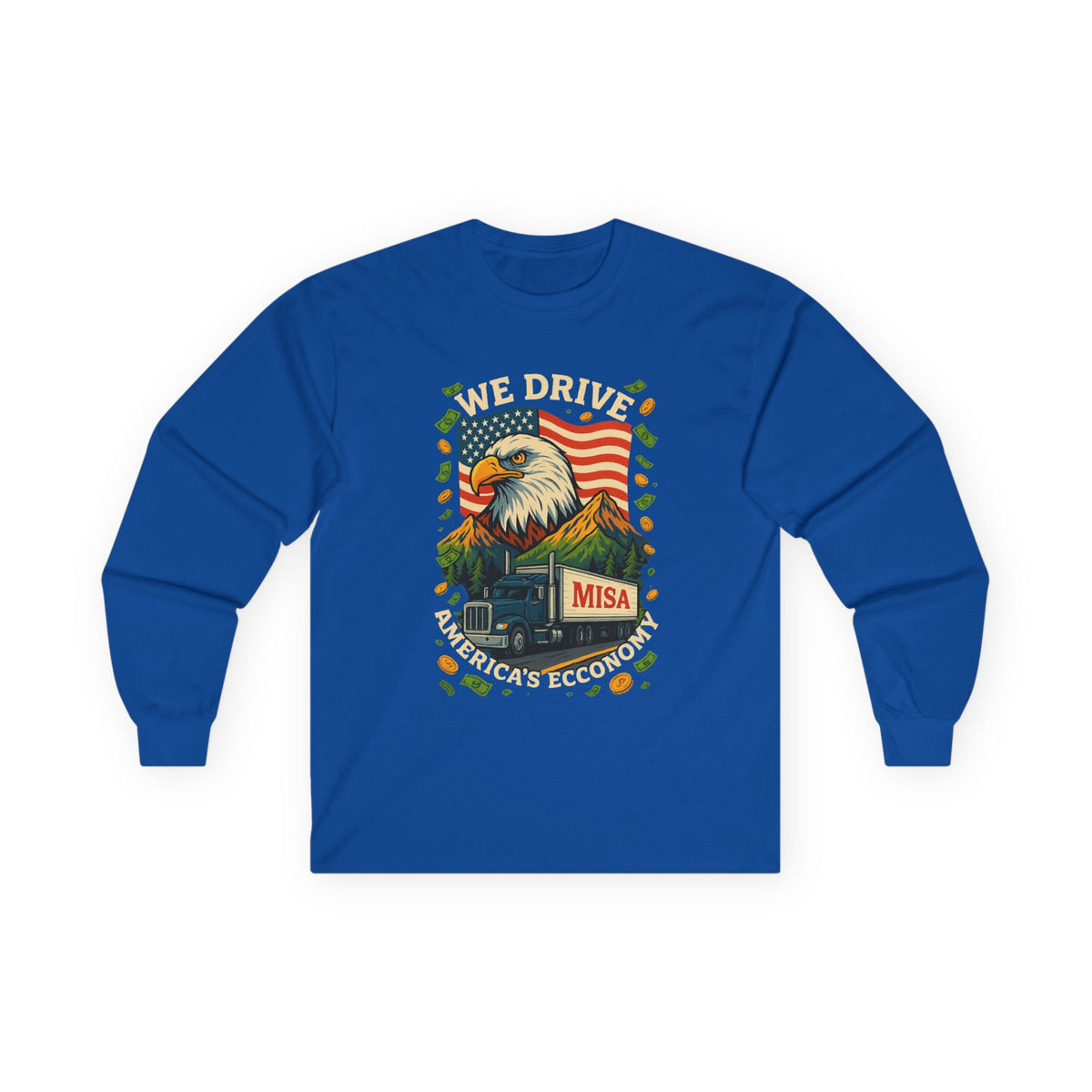 Red unisex long sleeve tee with "We Drive America's Economy" trucking slogan, from Printify, casual apparel for truck enthusiasts.