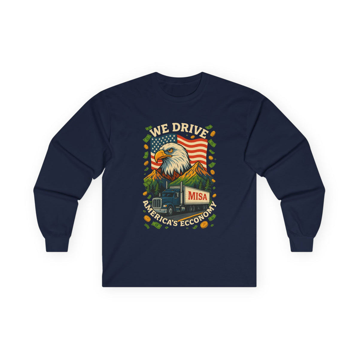 Red unisex long sleeve tee from Printify featuring "We Drive America's Economy" trucking graphic.