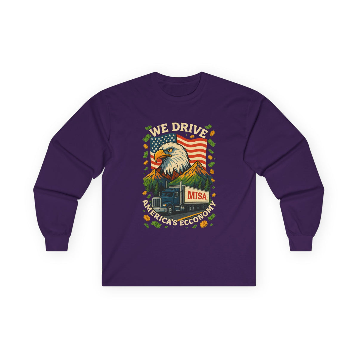Red unisex long-sleeve tee by Printify featuring "We Drive America's Economy" trucking slogan, casual and comfortable fit.