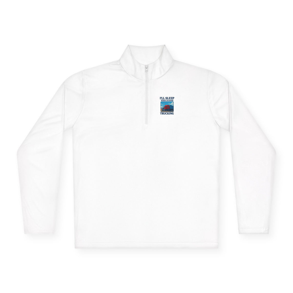 Unisex red long-sleeve quarter-zip pullover with "I'll Sleep When I'm Trekking" text, made by Printify.