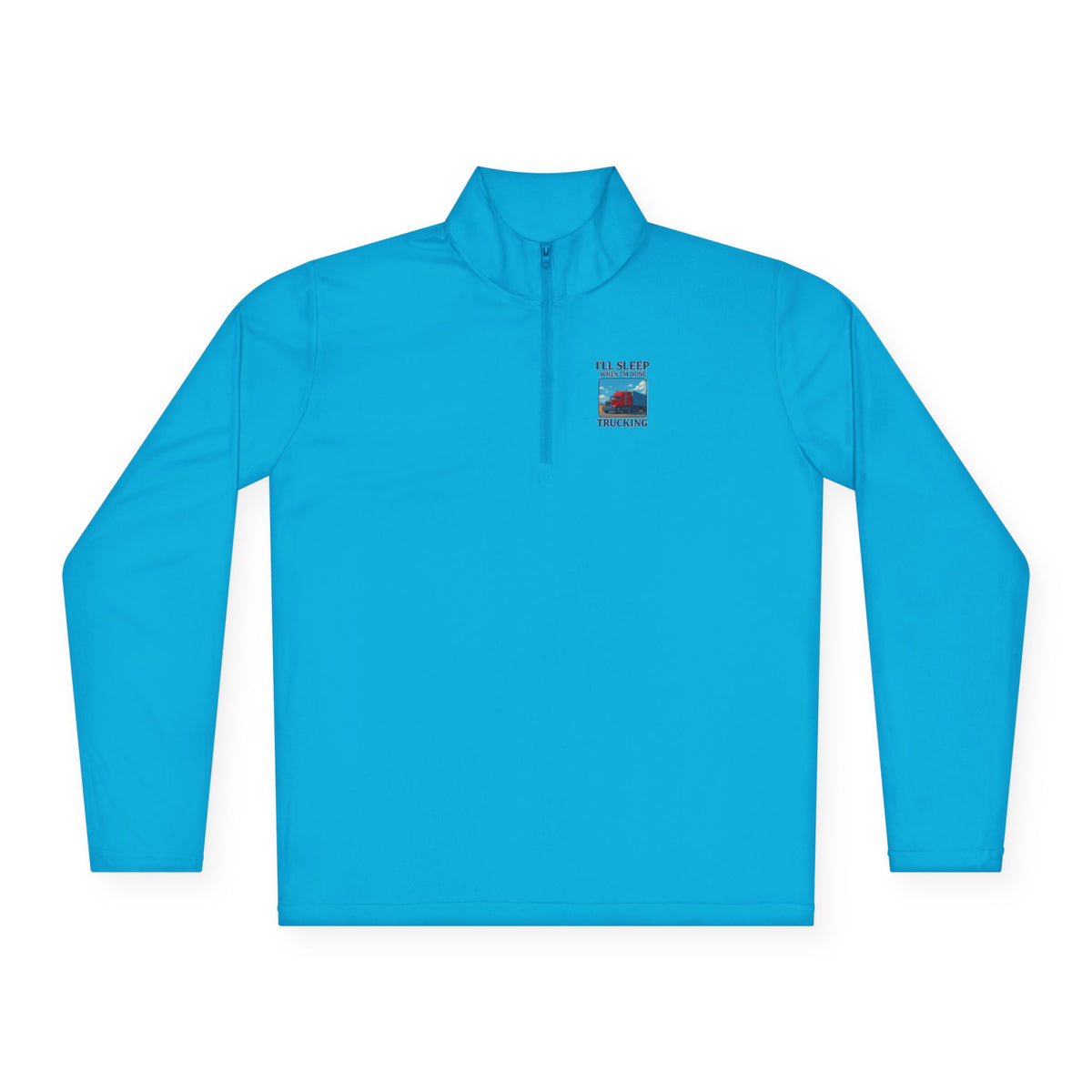 Unisex red long-sleeve quarter-zip pullover with "I'll Sleep When I'm Trekking" print by Printify.