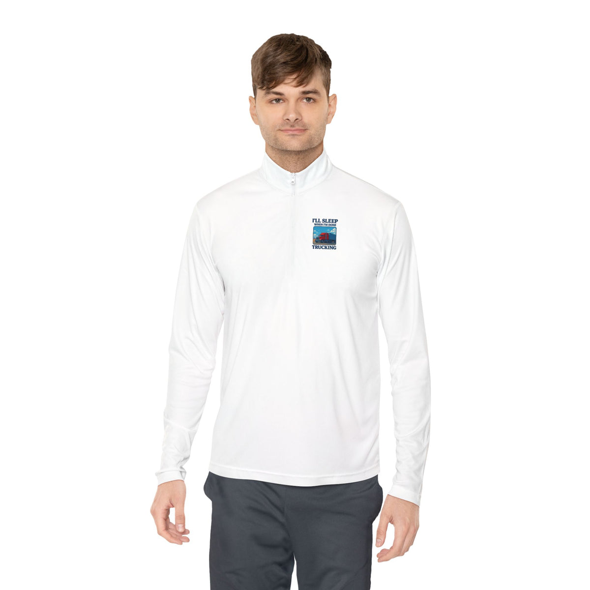 Unisex red long-sleeve quarter-zip pullover with "I'll Sleep When I'm Trekking" print, from Printify.