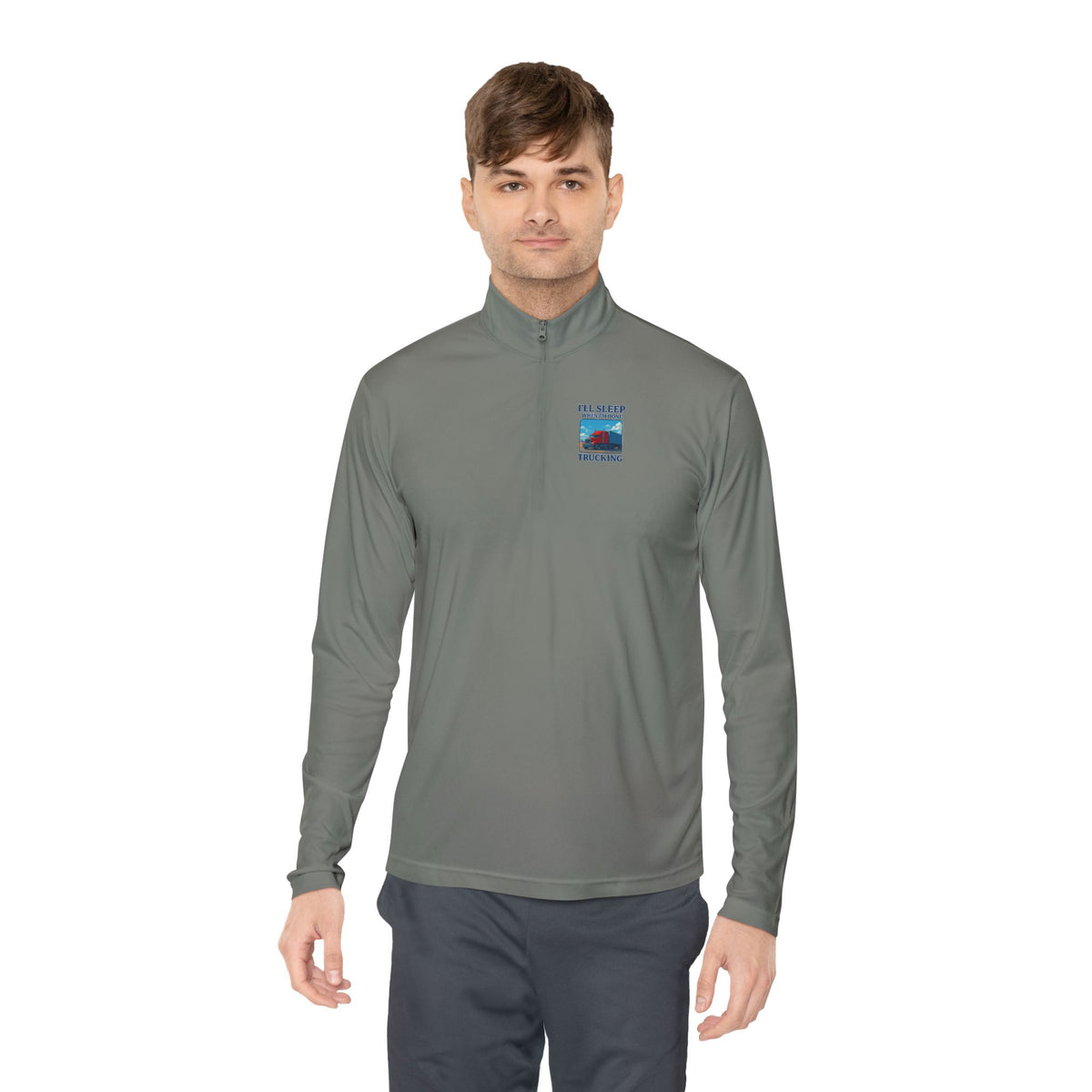 Unisex red long-sleeve quarter-zip pullover with "I'll Sleep When I'm Trekking" print by Printify, displayed on a white background.