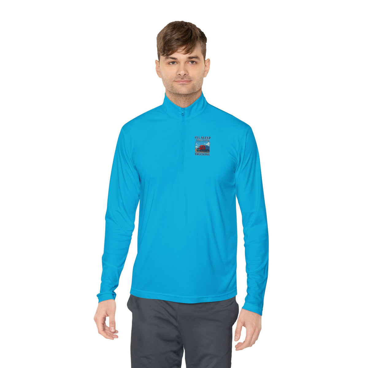 Red unisex quarter-zip long-sleeve pullover with "I'll Sleep When I'm Trekking" print from Printify.