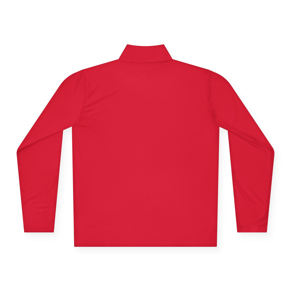 Unisex red long-sleeve quarter-zip pullover with "I'll Sleep When I'm Trekking" print, casual outdoor style by Printify.
