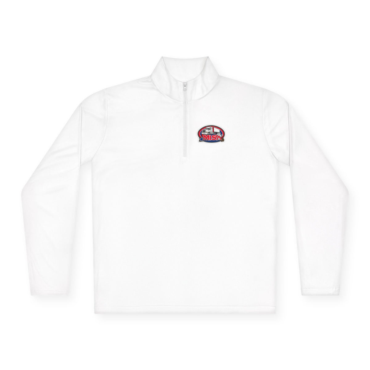 White long-sleeve quarter-zip pullover by Printify featuring a "Country Road Take Me Home" trucking graphic.