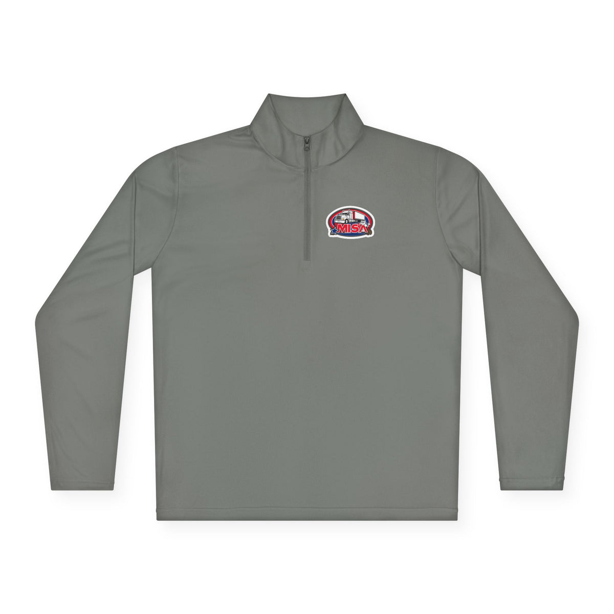 White Printify long-sleeve quarter-zip pullover featuring a "Country Road Take Me Home" trucking graphic.
