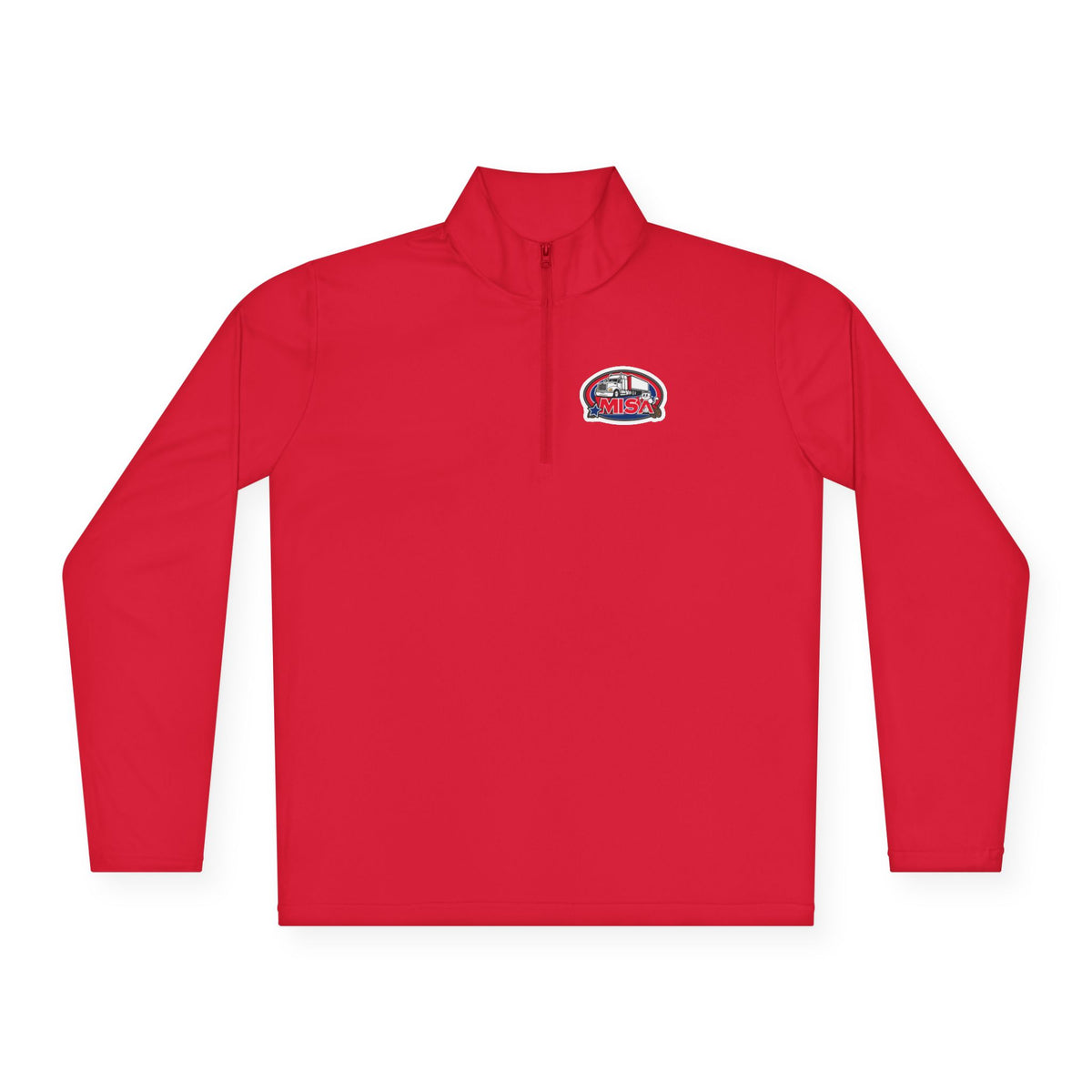 White long-sleeve quarter-zip pullover by Printify with trucking graphic and "Country Road Take Me Home" text.
