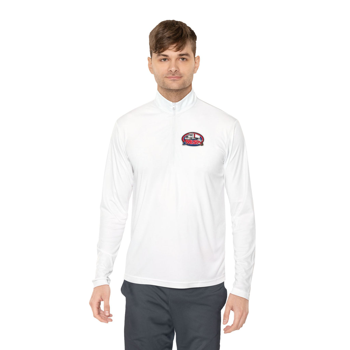 White long-sleeve quarter-zip pullover by Printify featuring a "Country Road Take Me Home" trucking graphic.