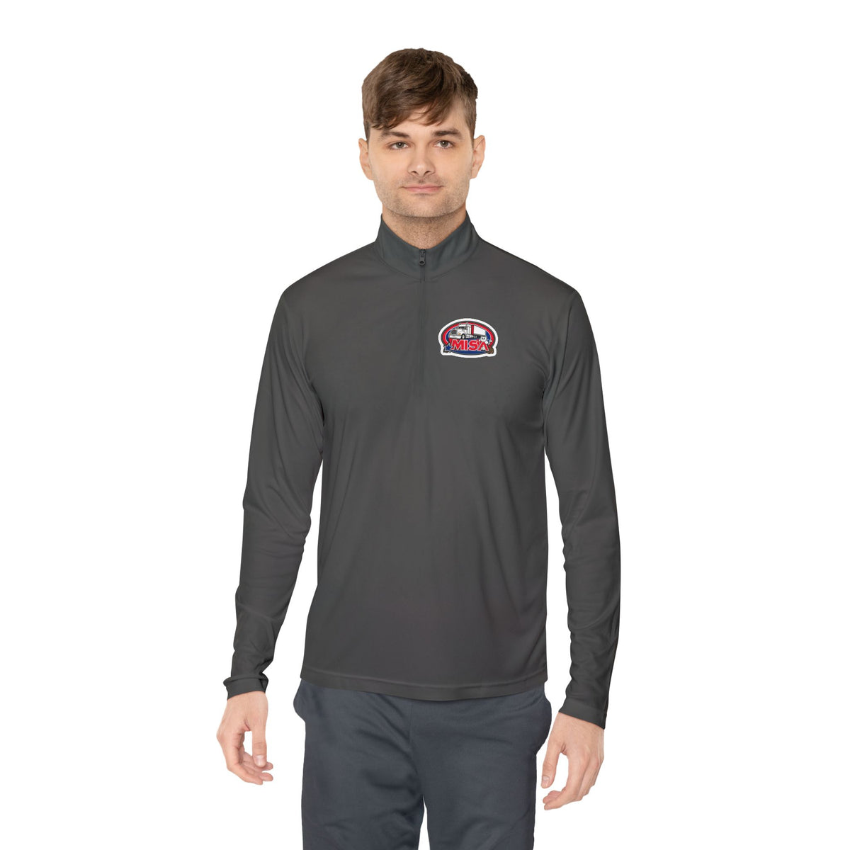 White Printify long-sleeve quarter-zip pullover with "Country Road Take Me Home" trucking graphic, casual and comfortable.