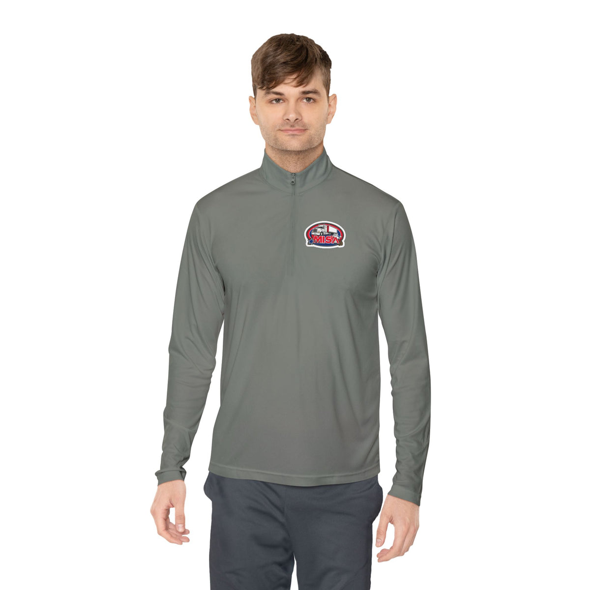 White Printify long-sleeve quarter-zip pullover with "Country Road Take Me Home" trucking graphic on front.