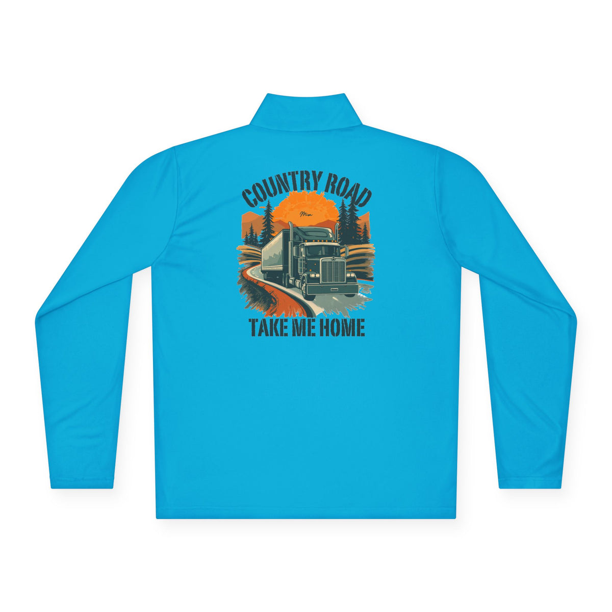 White long-sleeve quarter-zip pullover by Printify featuring a "Country Road Take Me Home" trucking graphic.