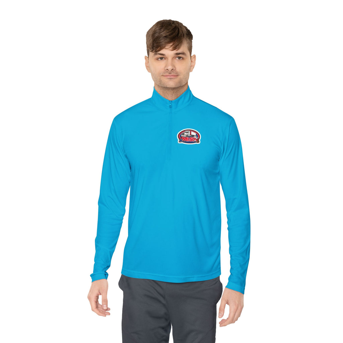 White Printify long-sleeve quarter-zip pullover with trucking graphic and "Country Road Take Me Home" design.