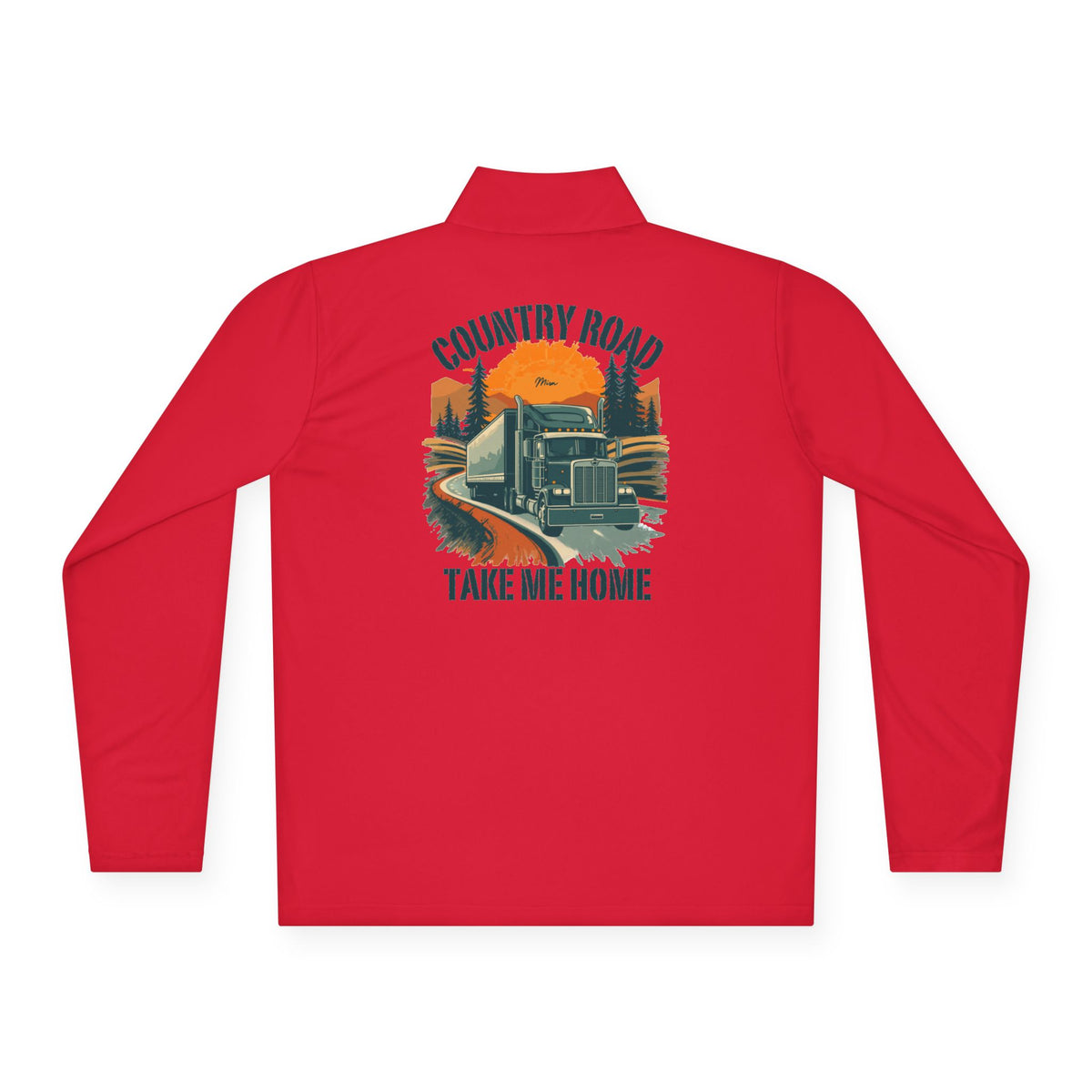 White long-sleeve quarter-zip pullover by Printify featuring a "Country Road Take Me Home" trucking graphic.