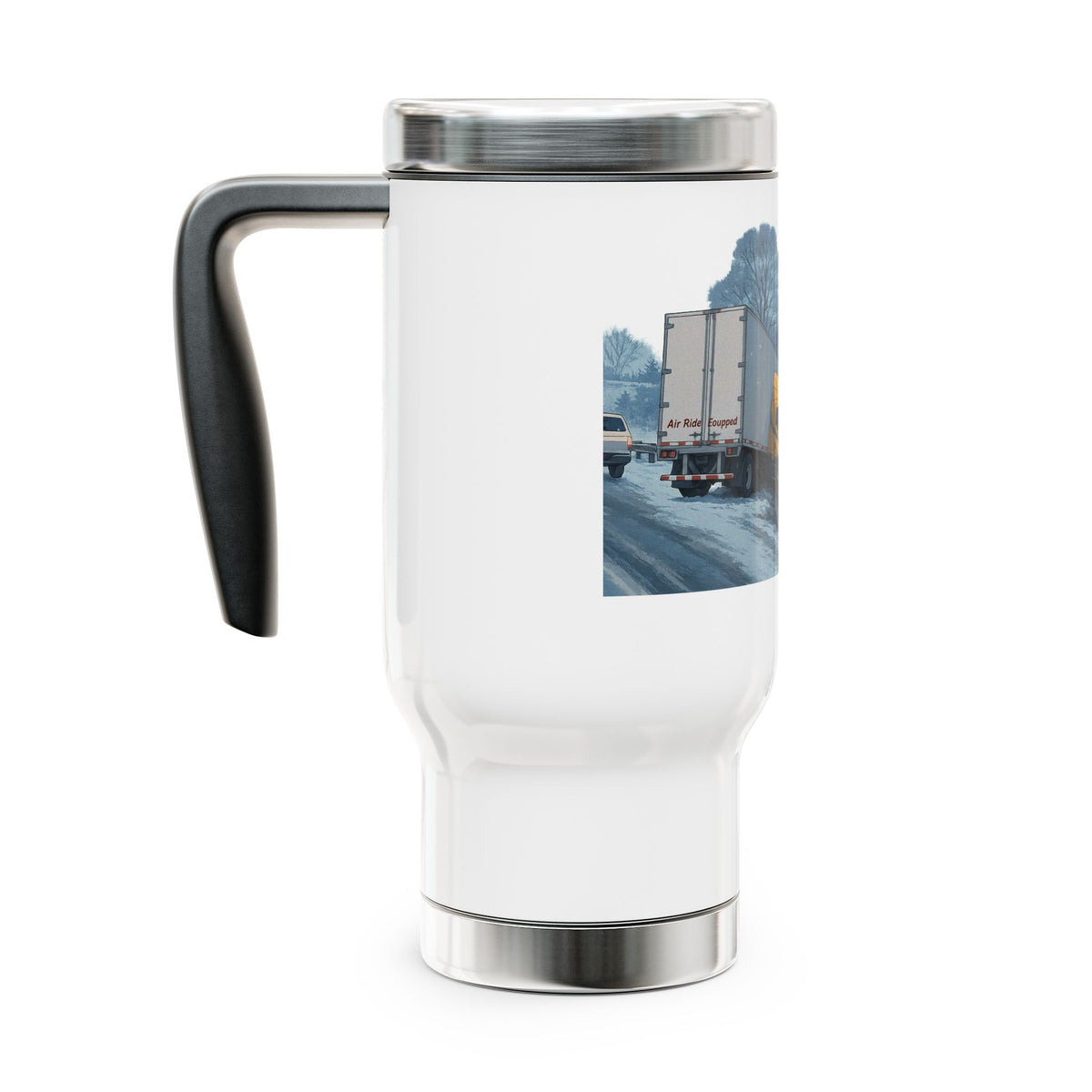Funny stainless steel travel mug with "Sir, You Can't Park Here" text, 14oz coffee cup designed for truck drivers.