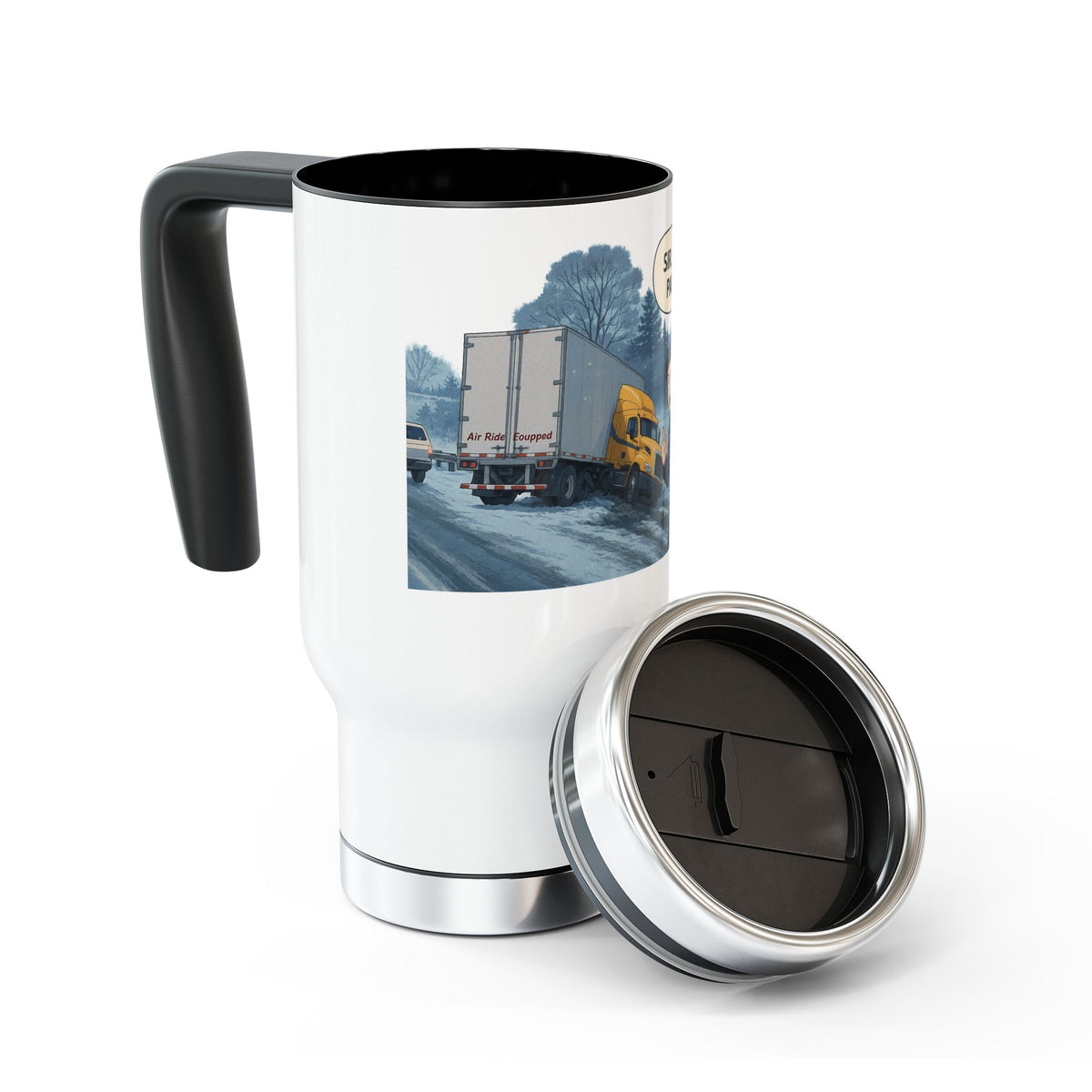 Funny stainless steel travel mug with "Sir, You Can't Park Here" text, 14oz coffee cup designed for truck drivers.