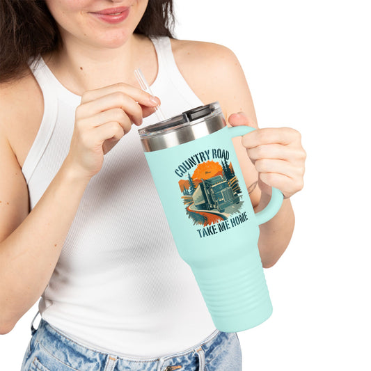 40oz insulated travel mug by Printify featuring a vintage truck and "Country Road Take Me Home" design in dark gray.