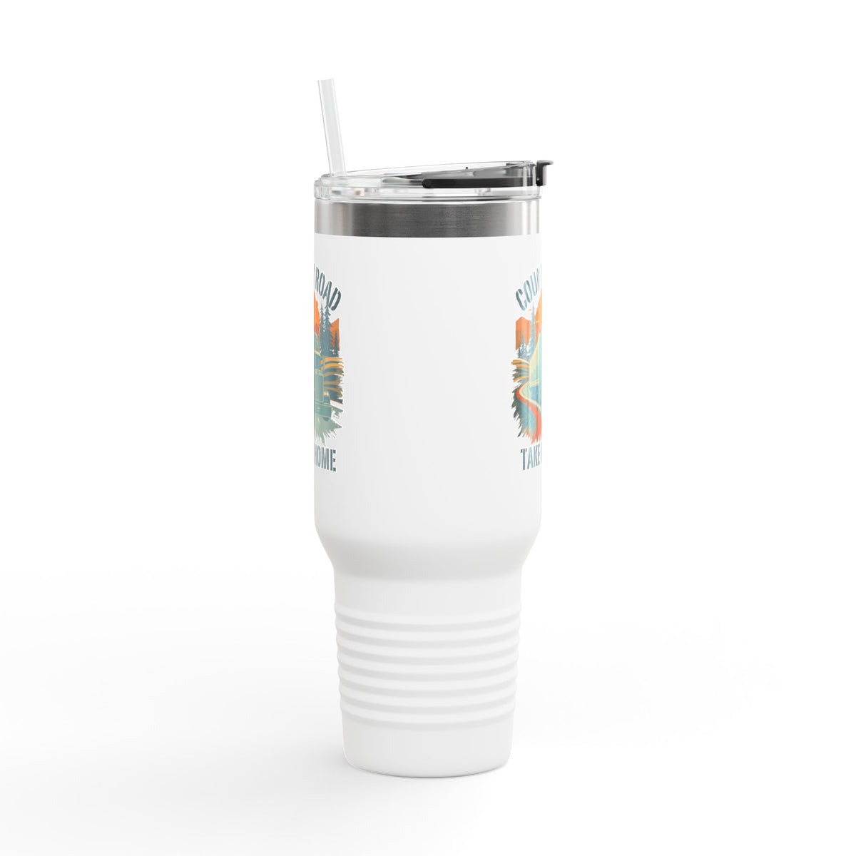 Dark gray 40oz insulated travel mug with "Country Road Take Me Home" vintage truck design by Printify.