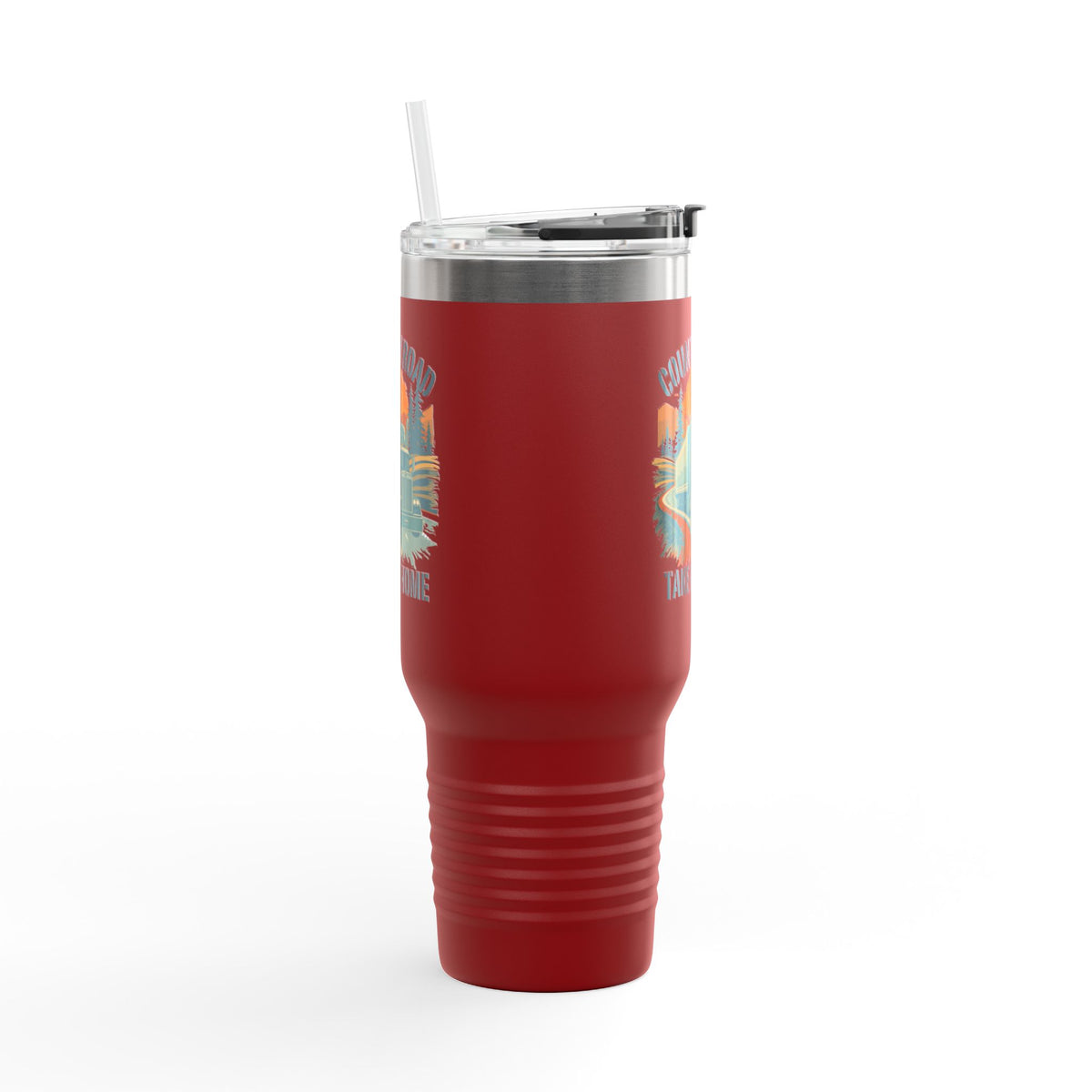 40oz insulated travel mug by Printify featuring a vintage truck and "Country Road Take Me Home" design on dark gray background.