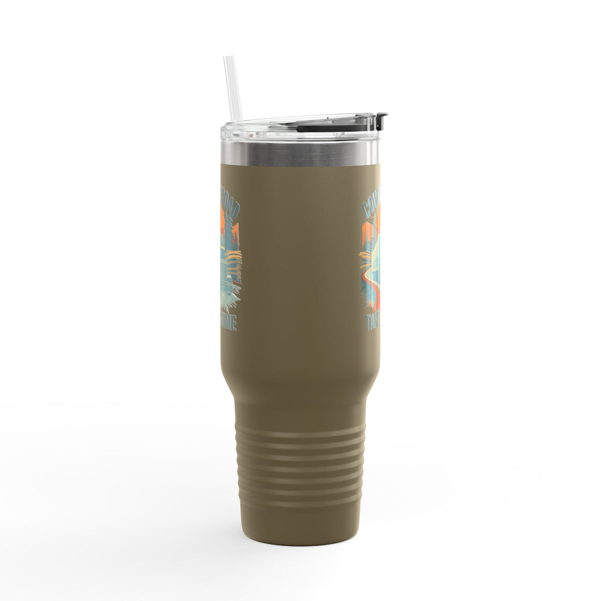 Dark gray 40oz insulated travel mug with "Country Road Take Me Home" vintage truck design by Printify.