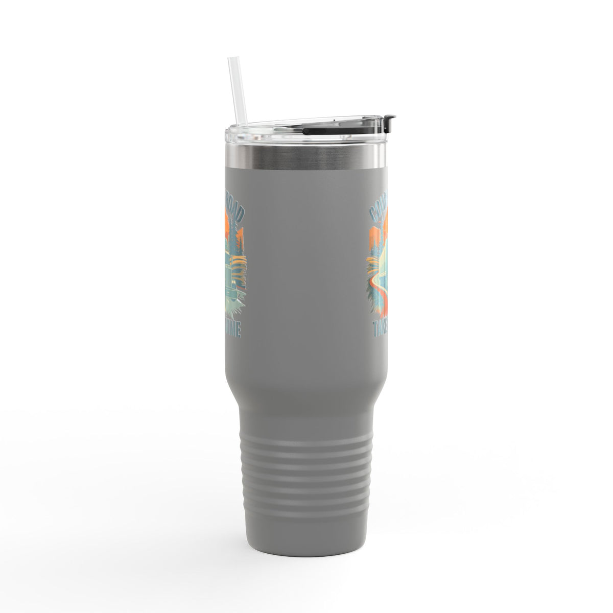 40oz insulated travel mug by Printify featuring a vintage truck and "Country Road Take Me Home" design on dark gray background.