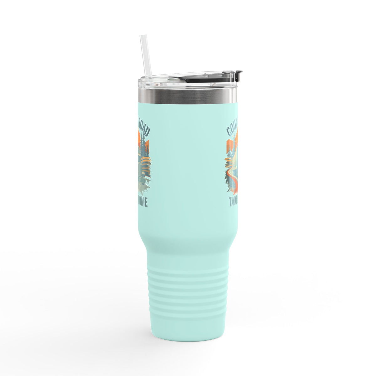 40oz insulated travel mug by Printify featuring a vintage truck and "Country Road Take Me Home" design on dark gray.