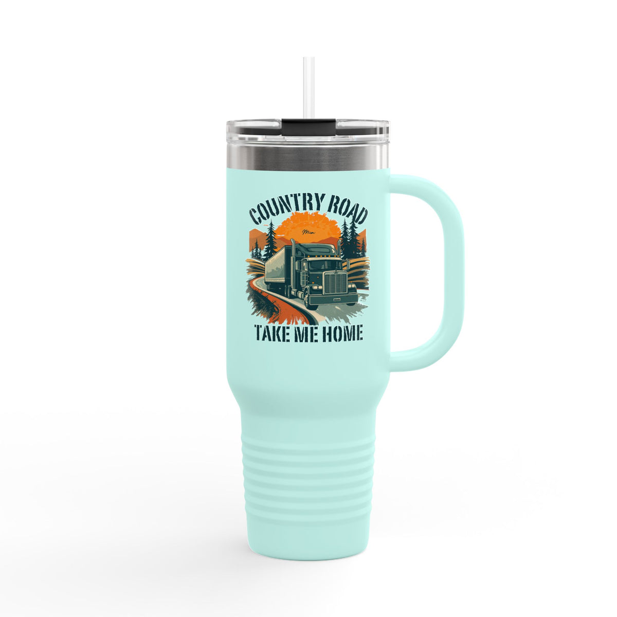 Dark gray 40oz insulated travel mug by Printify with vintage truck and "Country Road Take Me Home" design.