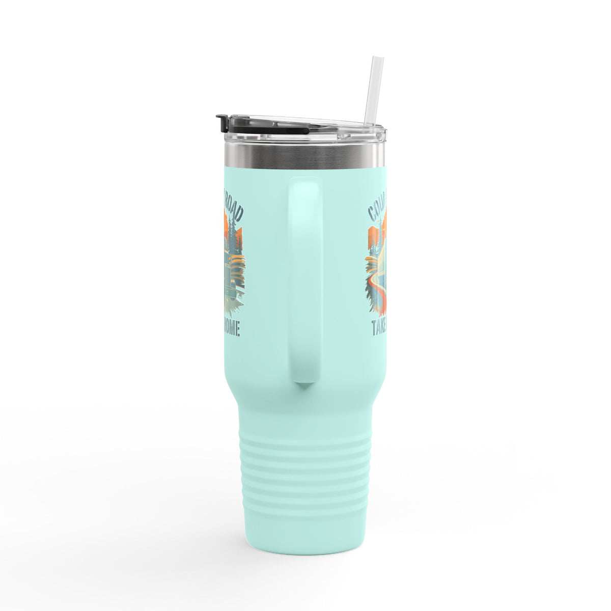40oz insulated travel mug by Printify featuring a vintage truck and "Country Road Take Me Home" design on dark gray ceramic