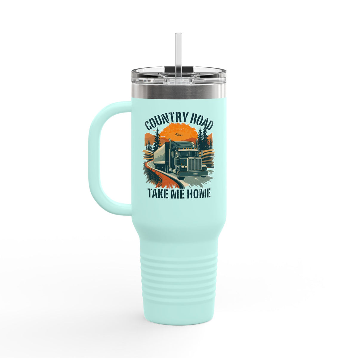 40oz insulated travel mug by Printify featuring a vintage truck and "Country Road Take Me Home" design on dark gray ceramic.