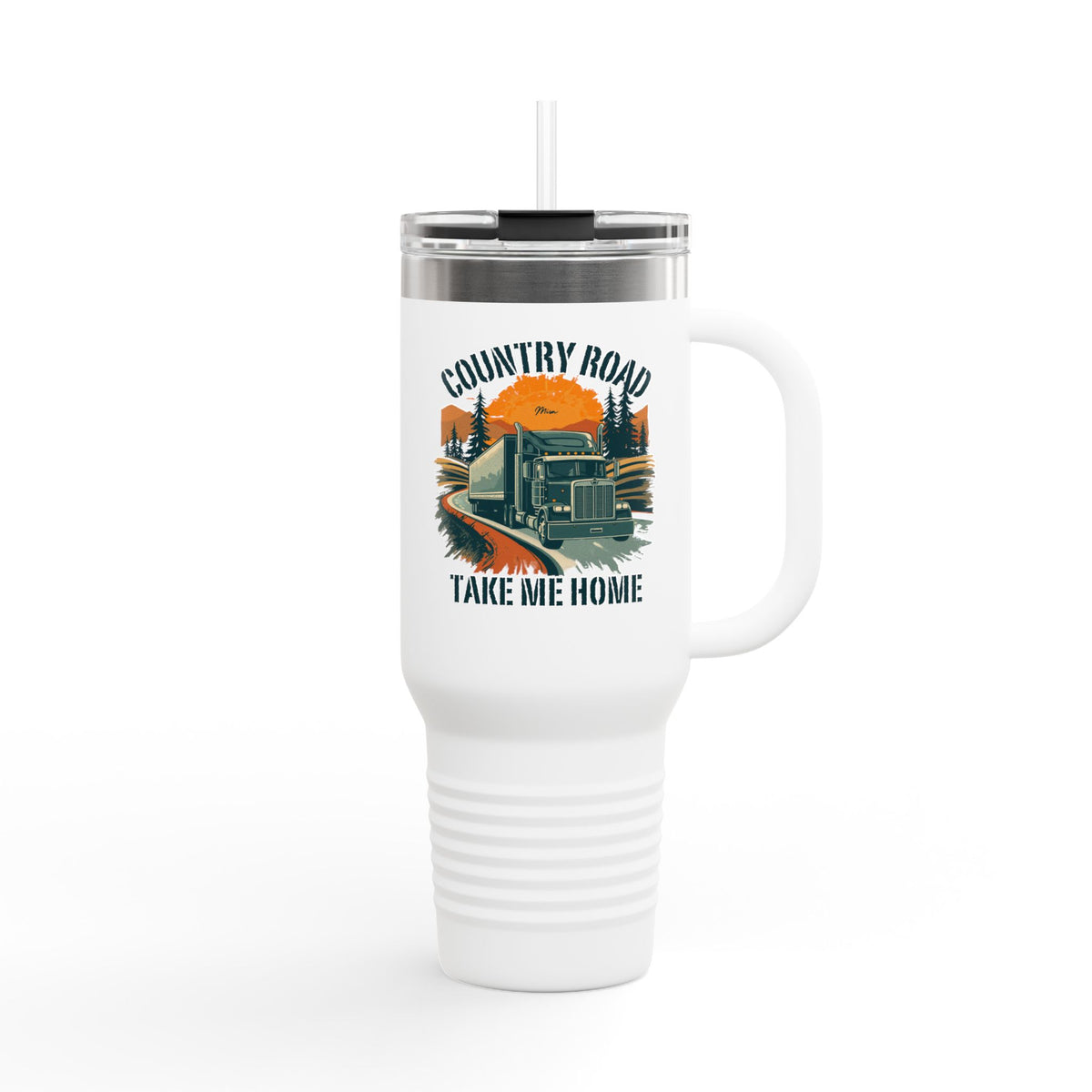 40oz insulated travel mug by Printify featuring a vintage truck and "Country Road Take Me Home" design in dark gray.