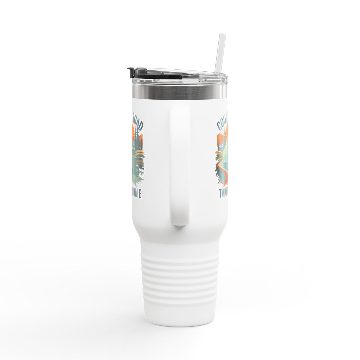 40oz insulated Travel Mug by Printify featuring a vintage truck design and "Country Road Take Me Home" text on dark gray background.