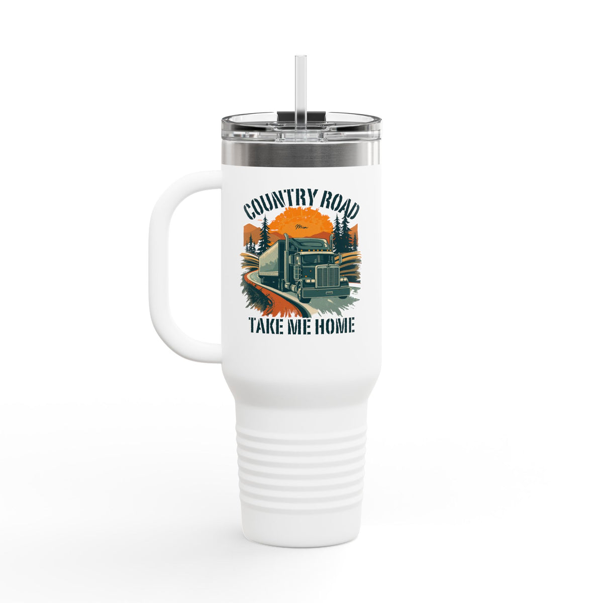 40oz insulated travel mug by Printify featuring a vintage truck and "Country Road Take Me Home" design on dark gray.
