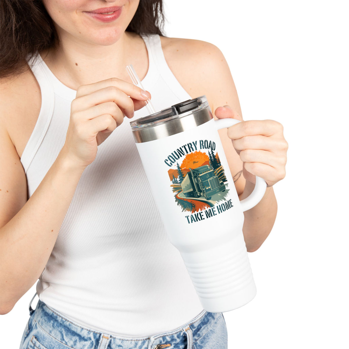 Dark gray 40oz insulated travel mug by Printify featuring a vintage truck with "Country Road Take Me Home" design.
