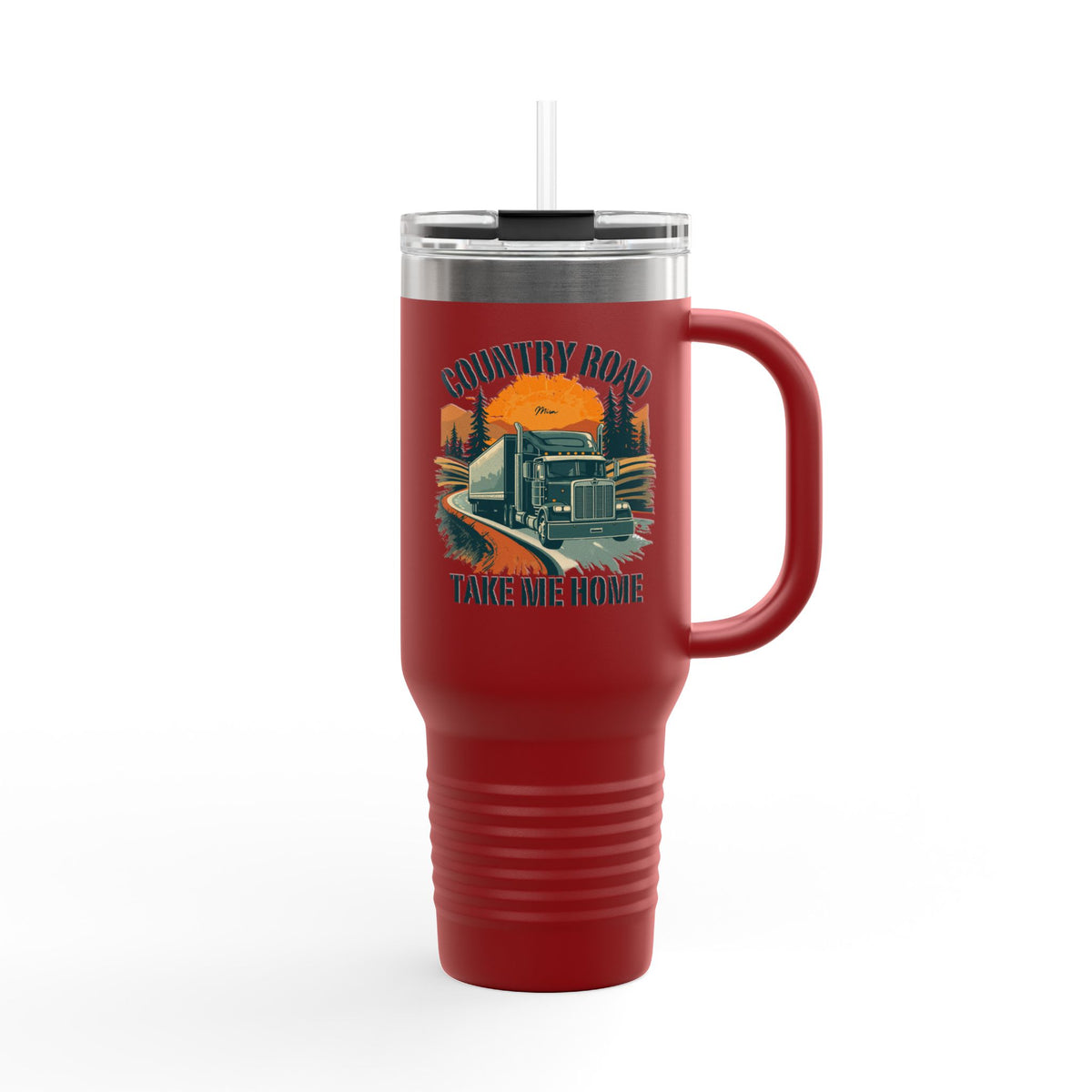 Dark gray 40oz insulated travel mug by Printify featuring a vintage truck design with "Country Road Take Me Home" text.