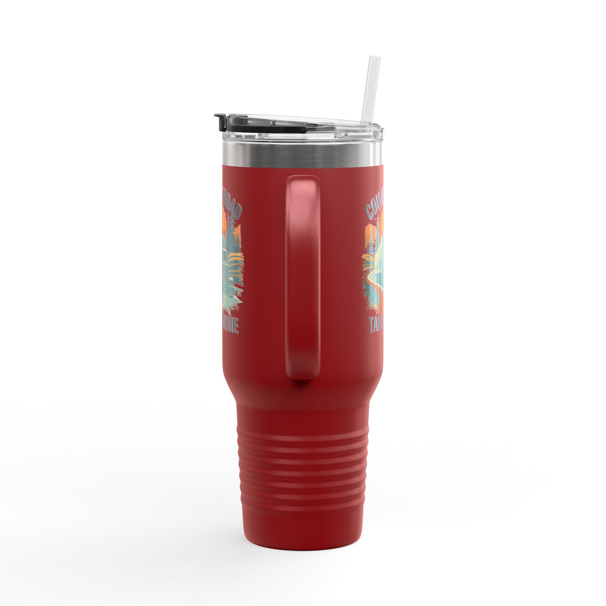 Dark gray 40oz insulated travel mug by Printify with vintage truck design and "Country Road Take Me Home" text.