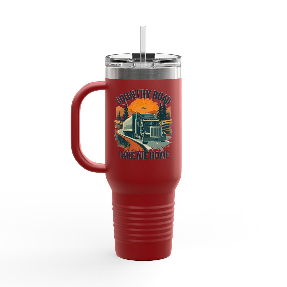 40oz insulated travel mug by Printify featuring a vintage truck and "Country Road Take Me Home" design on dark gray.