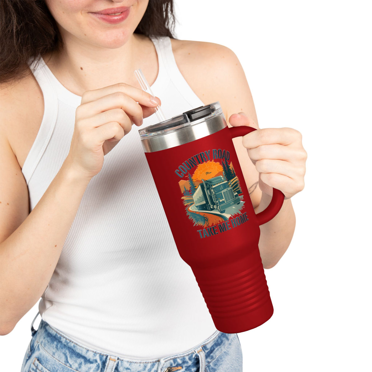 40oz insulated travel mug with vintage truck and "Country Road Take Me Home" design in dark gray by Printify