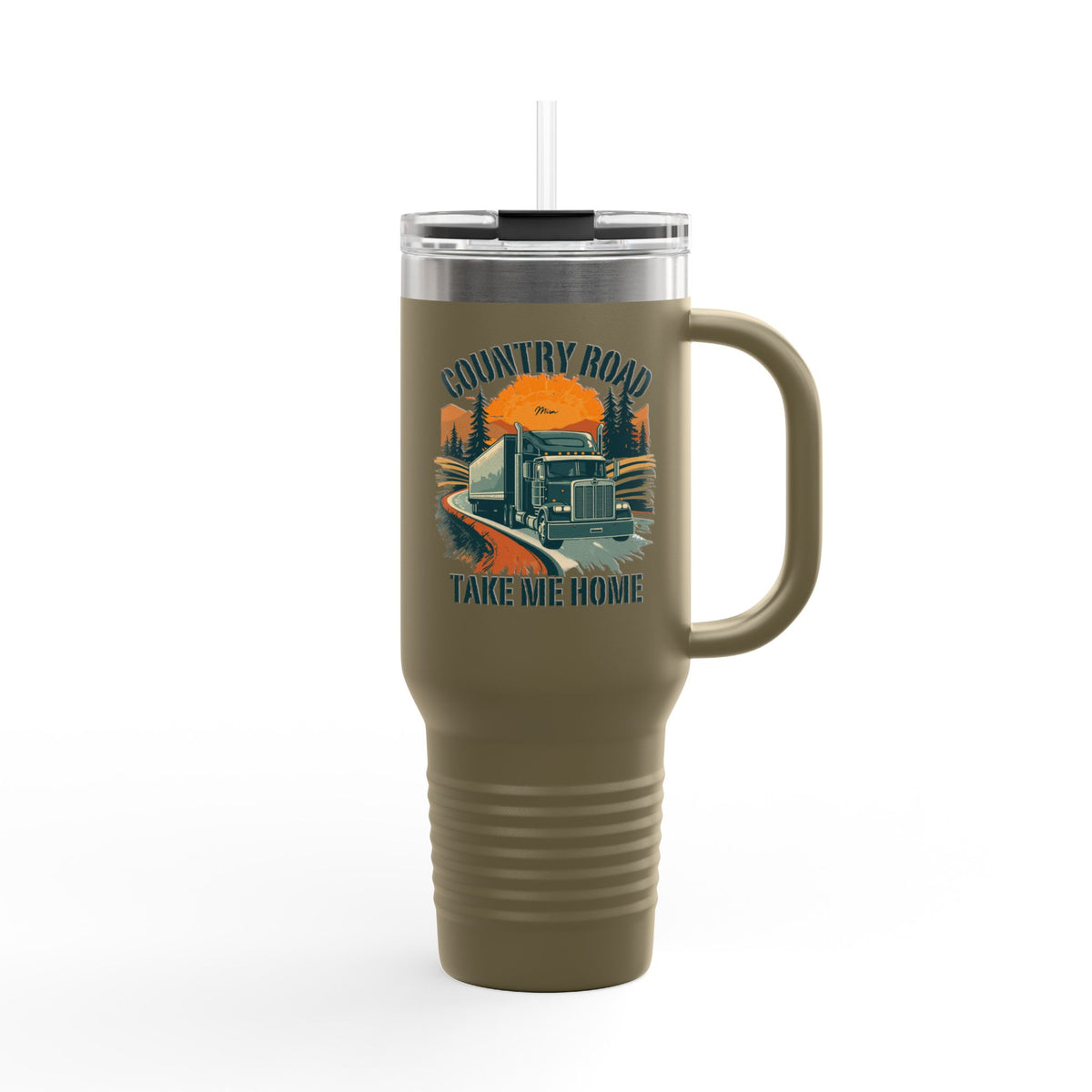 Dark gray 40oz insulated travel mug with vintage truck and "Country Road Take Me Home" design by Printify.