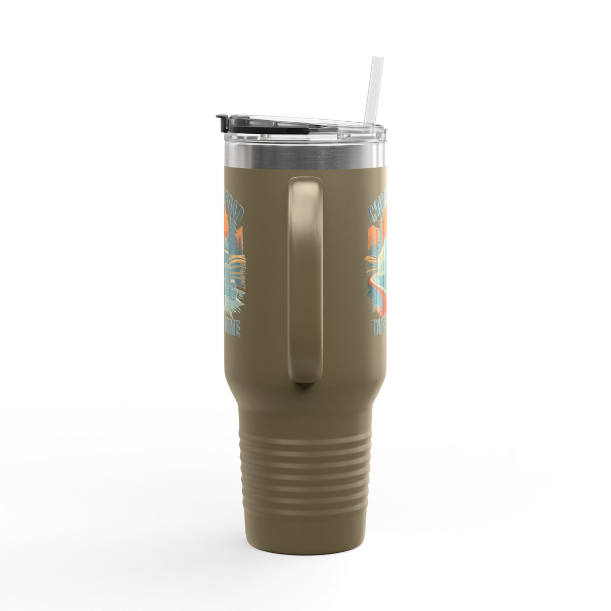 Dark gray 40oz insulated travel mug by Printify featuring a vintage truck design with "Country Road Take Me Home" text.