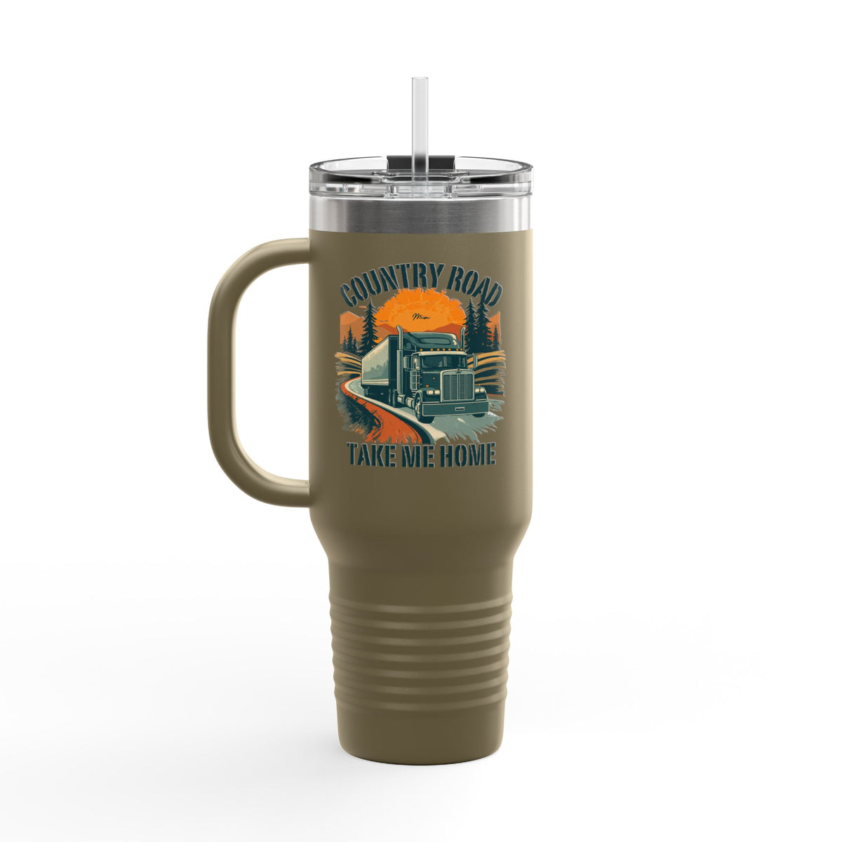 Dark gray 40oz insulated travel mug with "Country Road Take Me Home" vintage truck design by Printify, showing the detailed graphic.