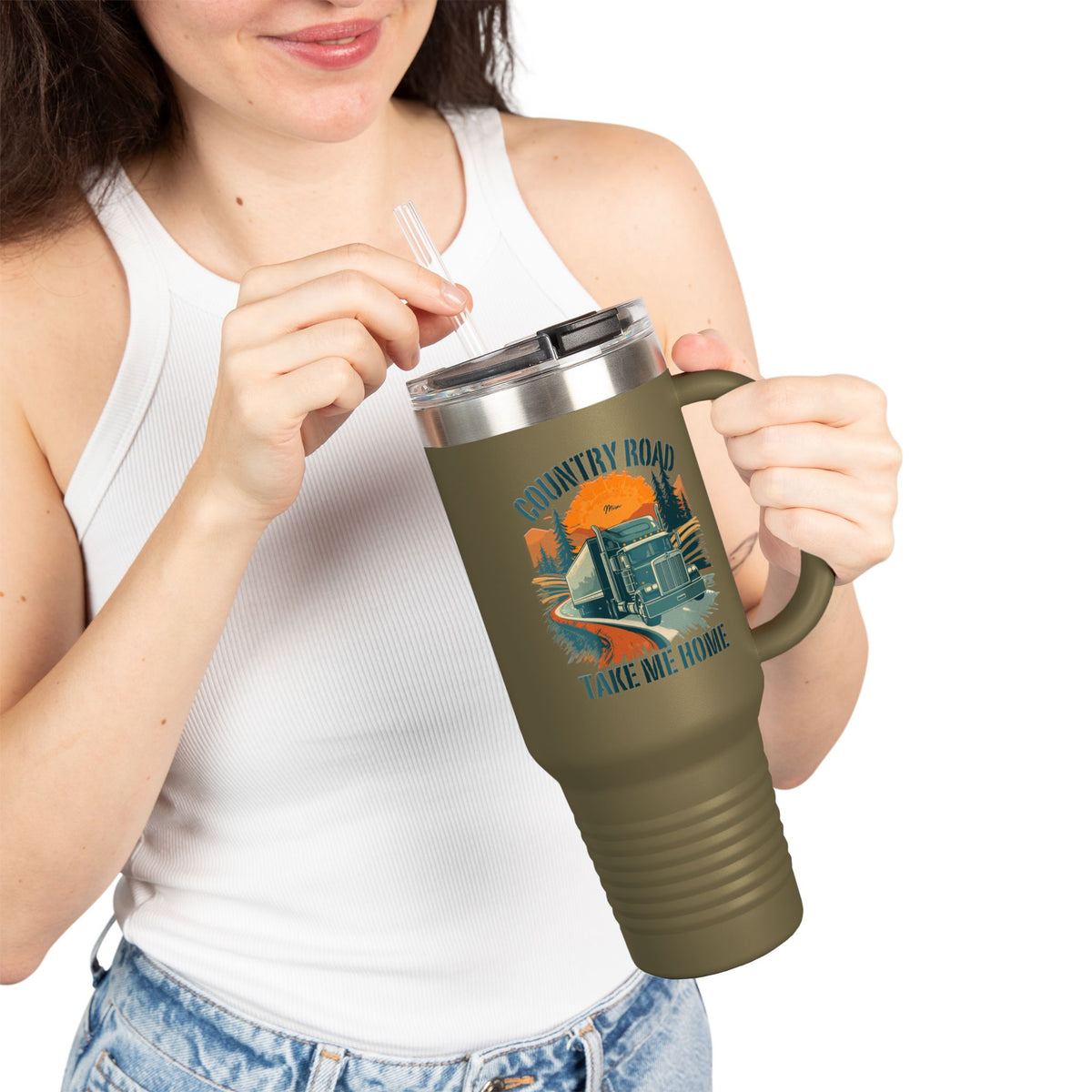 40oz insulated travel mug by Printify featuring a vintage truck "Country Road Take Me Home" design on dark gray background.