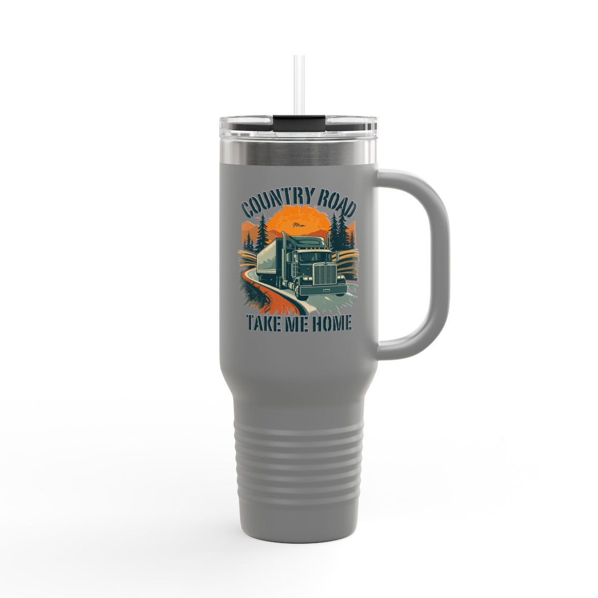 40oz insulated travel mug with vintage truck design reading "Country Road Take Me Home" in dark gray, by Printify.
