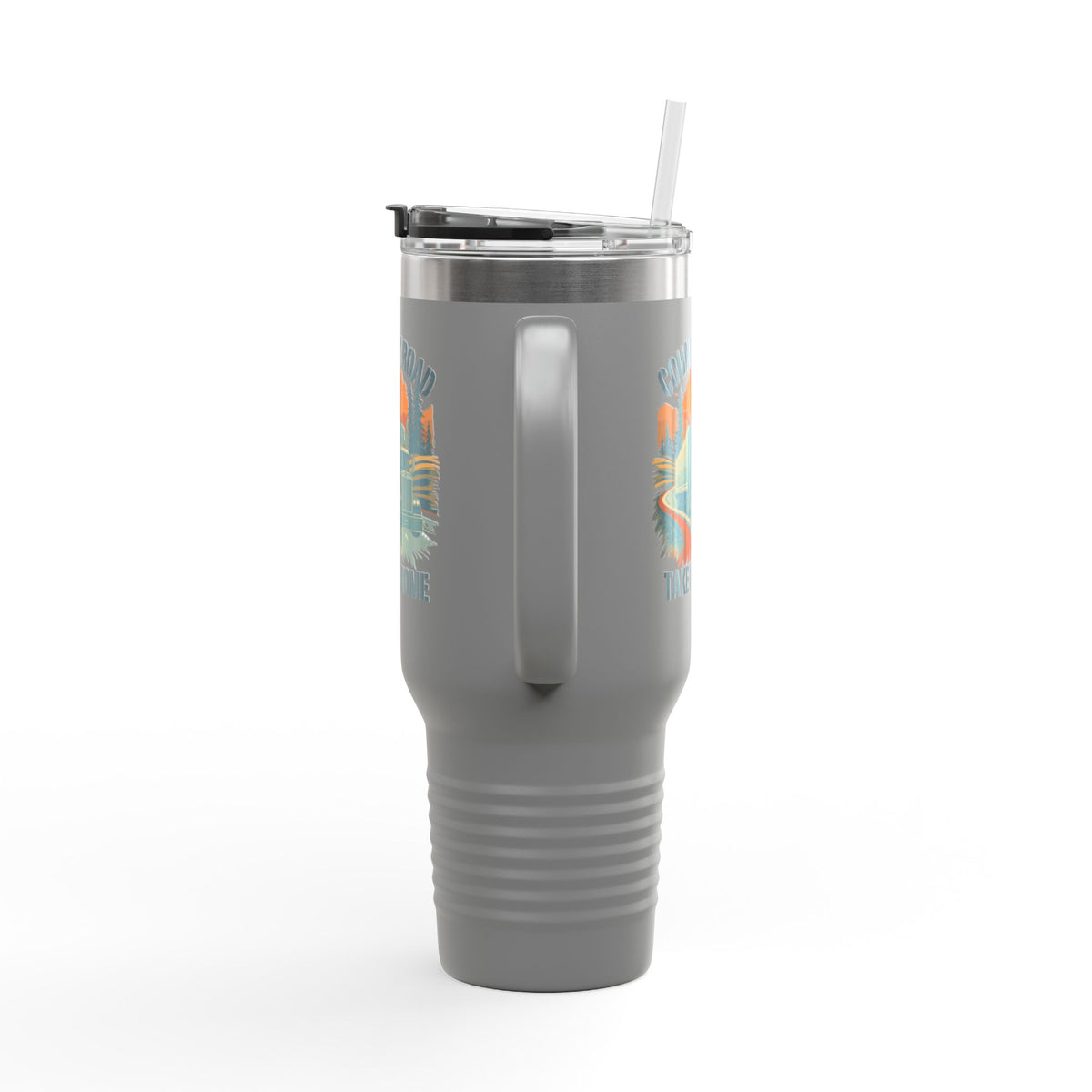 40oz insulated travel mug with vintage truck design and "Country Road Take Me Home" text, dark gray color, by Printify.