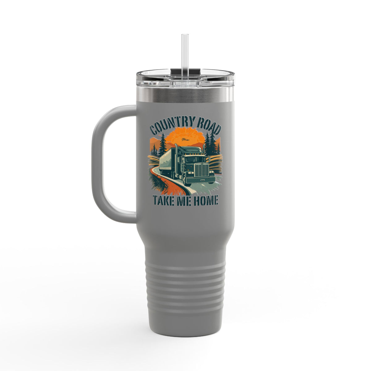 Dark gray 40oz insulated travel mug with vintage truck "Country Road Take Me Home" design by Printify.