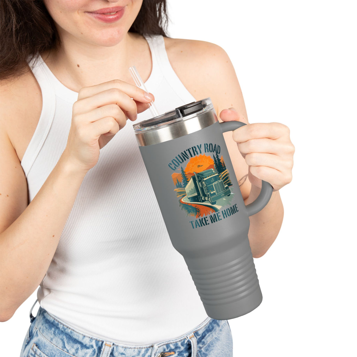 40oz insulated travel mug by Printify featuring a vintage truck and "Country Road Take Me Home" design in dark gray.